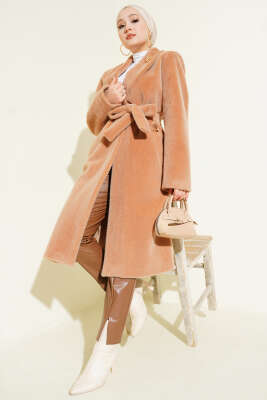 Pazarium - Kruvaze Gold Düğmeli Kaşe Kaban Camel