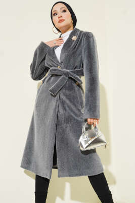 Pazarium - Kruvaze Gold Düğmeli Kaşe Kaban Füme