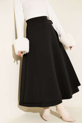 Pazarium - Yan İp Kuşaklı Scuba Etek Siyah