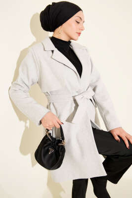 Pazarium - Tek Omuz Apoletli Düğme Detaylı Kaşe Kaban Melanj Gri