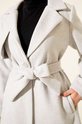 Tek Omuz Apoletli Düğme Detaylı Kaşe Kaban Melanj Gri - Thumbnail