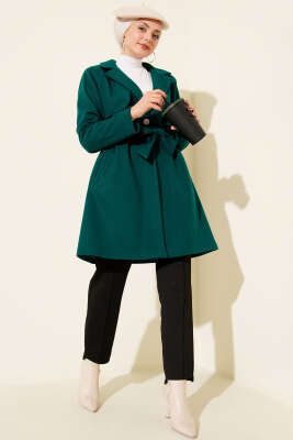 Tek Omuz Apoletli Düğme Detaylı Kaşe Kaban Zümrüt - Thumbnail