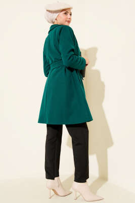 Tek Omuz Apoletli Düğme Detaylı Kaşe Kaban Zümrüt - Thumbnail