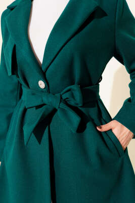 Tek Omuz Apoletli Düğme Detaylı Kaşe Kaban Zümrüt - Thumbnail