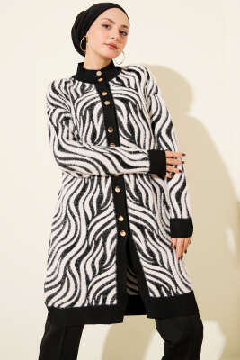 Pazarium - Zebra Desen Angora Detaylı Triko Hırka Siyah