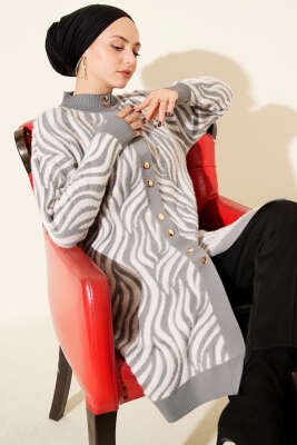 Pazarium - Zebra Desen Angora Detaylı Triko Hırka Gri
