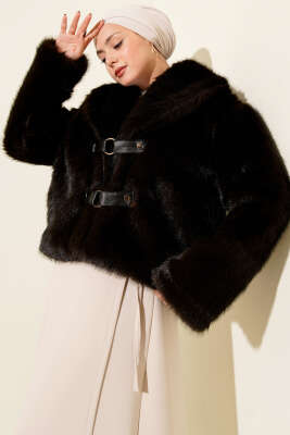 Pazarium - Deri Tokalı Kısa Kürk Mont Kahve