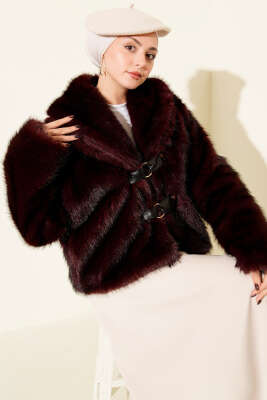 Pazarium - Deri Tokalı Kısa Kürk Mont Bordo