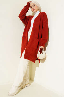 Düşük Omuz Cepli Triko Hırka Kiremit - Thumbnail