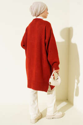 Düşük Omuz Cepli Triko Hırka Kiremit - Thumbnail