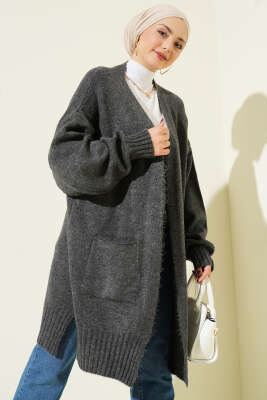 Düşük Omuz Cepli Triko Hırka Füme - Thumbnail