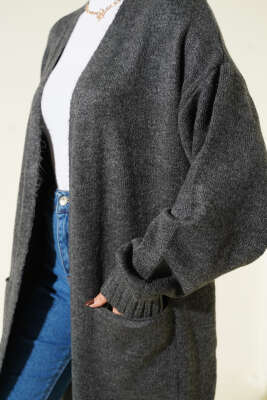 Düşük Omuz Cepli Triko Hırka Füme - Thumbnail