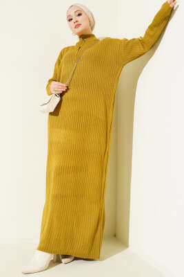 Pazarium - Yarım Fermuarlı Dik Fitilli Triko Elbise Yağ Yeşili