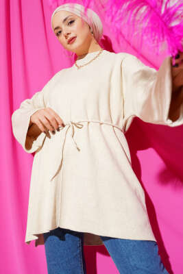 Pazarium - İp Bağlamalı Duble Kol Triko Tunik Bej