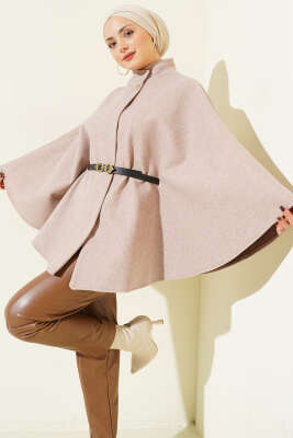 Tek Düğmeli Kemerli Kaşe Panço Vizon - Thumbnail