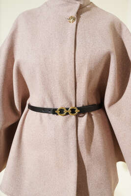 Tek Düğmeli Kemerli Kaşe Panço Vizon - Thumbnail