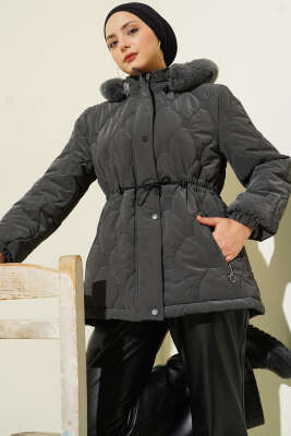 Bel Tünelli Kapüşonlu Kısa Kapitone Mont Füme - Thumbnail