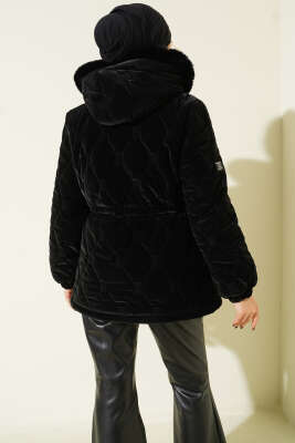 Bel Tünelli Kapüşonlu Kısa Kapitone Mont Siyah - Thumbnail