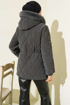 Bel Tünelli Kapüşonlu Kısa Kapitone Mont Füme - Thumbnail