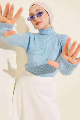 Pazarium - Balıkçı Yaka Parmak Geçirmeli Triko Kazak Mavi
