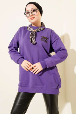 Pazarium - Leopar Fularlı Üç İplik Tunik Mor