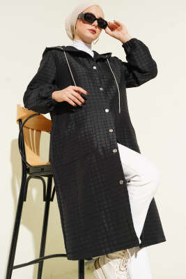 Pazarium - Çıtçıt Düğmeli Kapüşonlu Kapitone Kap Siyah