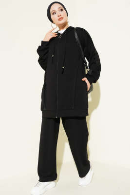 Pazarium - Kendinden Şeritli Kapüşonlu Loyşa İkili Takım Siyah