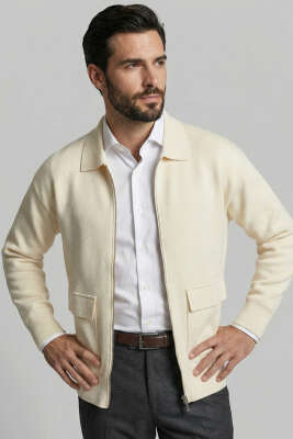 Pazarium - Fermuarlı Triko Erkek Hırka Krem