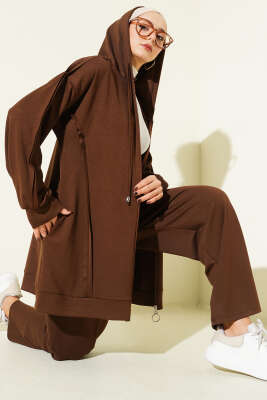 Pazarium - Kendinden Şeritli Kapüşonlu Loyşa İkili Takım Kahve