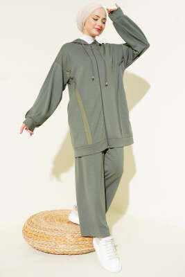 Pazarium - Kendinden Şeritli Kapüşonlu Loyşa İkili Takım Haki