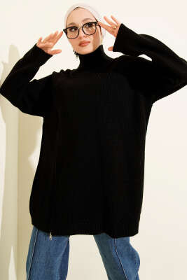 Pazarium - Fermuar Detaylı Triko Tunik Siyah