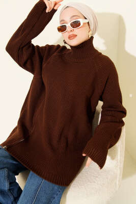 Pazarium - Fermuar Detaylı Triko Tunik Kahve