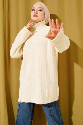 Pazarium - Fermuar Detaylı Triko Tunik Bej