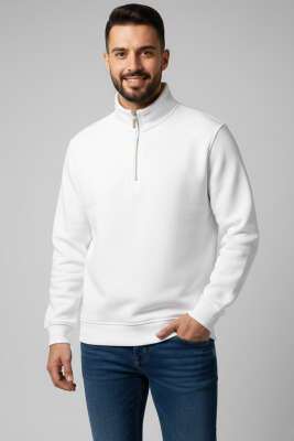 Pazarium - Üç İplik Yarım Fermuar Erkek Sweatshirt Beyaz
