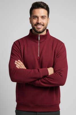 Pazarium - Üç İplik Yarım Fermuar Erkek Sweatshirt Bordo