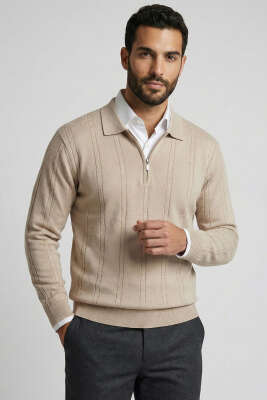 Pazarium - Polo Yaka Sarmal Çizgili Erkek Kazak Bej