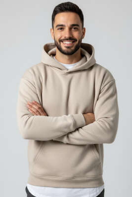 Pazarium - Üç İplik Kapüşonlu Unisex Sweatshirt Bej