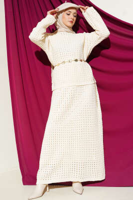 Pazarium - Ajurlu Etekli Triko İkili Takım Taş