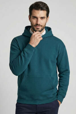 Pazarium - Üç İplik Kapüşonlu Unisex Sweatshirt Petrol