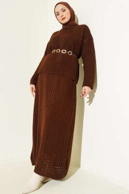 Pazarium - Ajurlu Etekli Triko İkili Takım Kahve