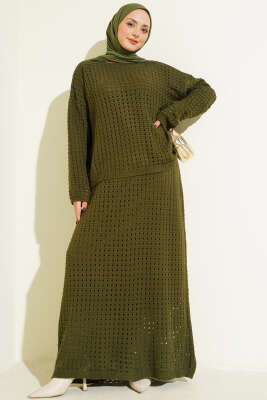 Pazarium - Ajurlu Etekli Triko İkili Takım Haki