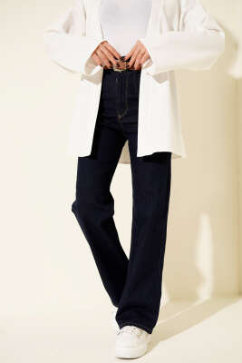 Pazarium - Kemerli Palazzo Kot Pantolon Lacivert