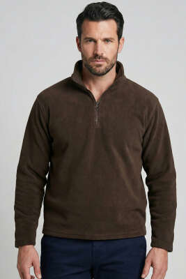 Pazarium - Yarım Fermuar Polar Erkek Sweatshirt Kahve