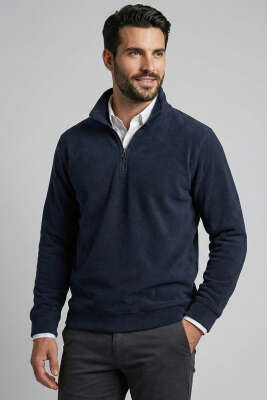 Yarım Fermuar Polar Erkek Sweatshirt Lacivert - Thumbnail