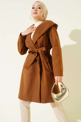 Pazarium - Kuşaklı Kapüşonlu Kaşe Kaban Taba