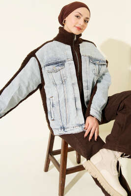 Kot Garnili Fermuarlı Peluş Ceket Kahve - Thumbnail