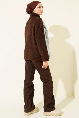 Kot Garnili Fermuarlı Peluş Ceket Kahve - Thumbnail