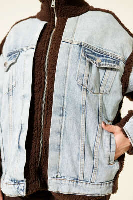 Kot Garnili Fermuarlı Peluş Ceket Kahve - Thumbnail