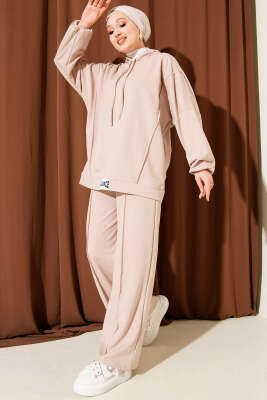Pazarium - Balance Armalı Kapüşonlu Salaş İkili Takım Bej