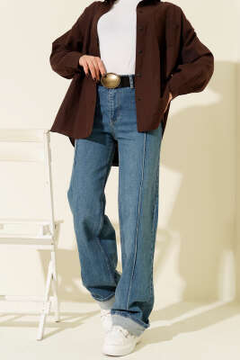 Pazarium - Ön Dikişli Palazzo Kot Pantolon Açık Mavi